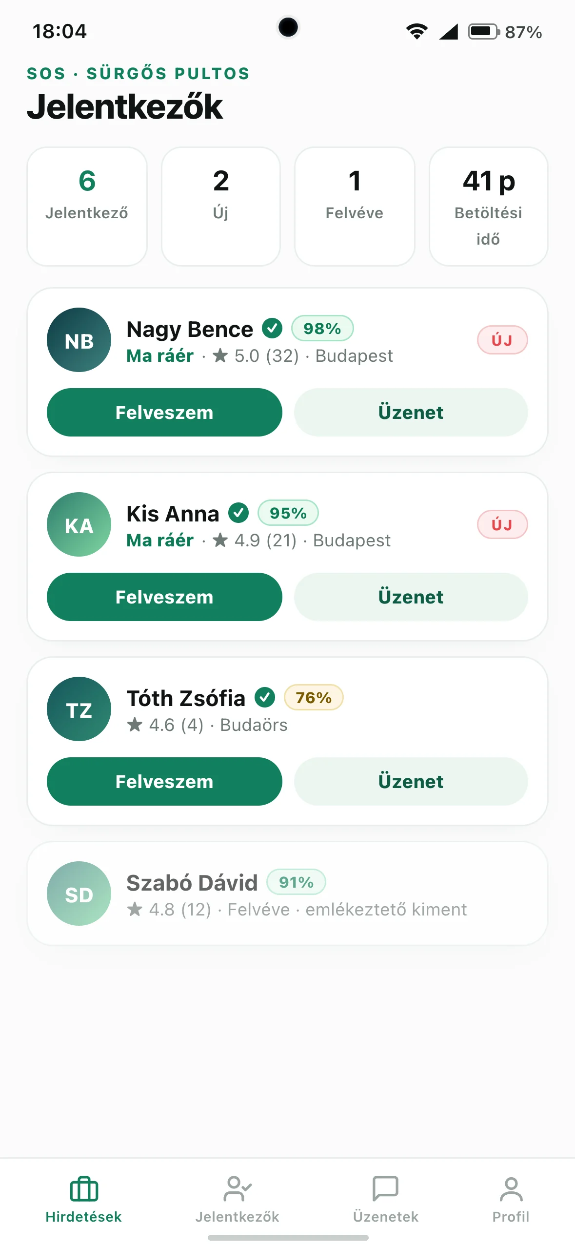 alkalmimunkaero.hu app - jelentkezők kezelése (Android)