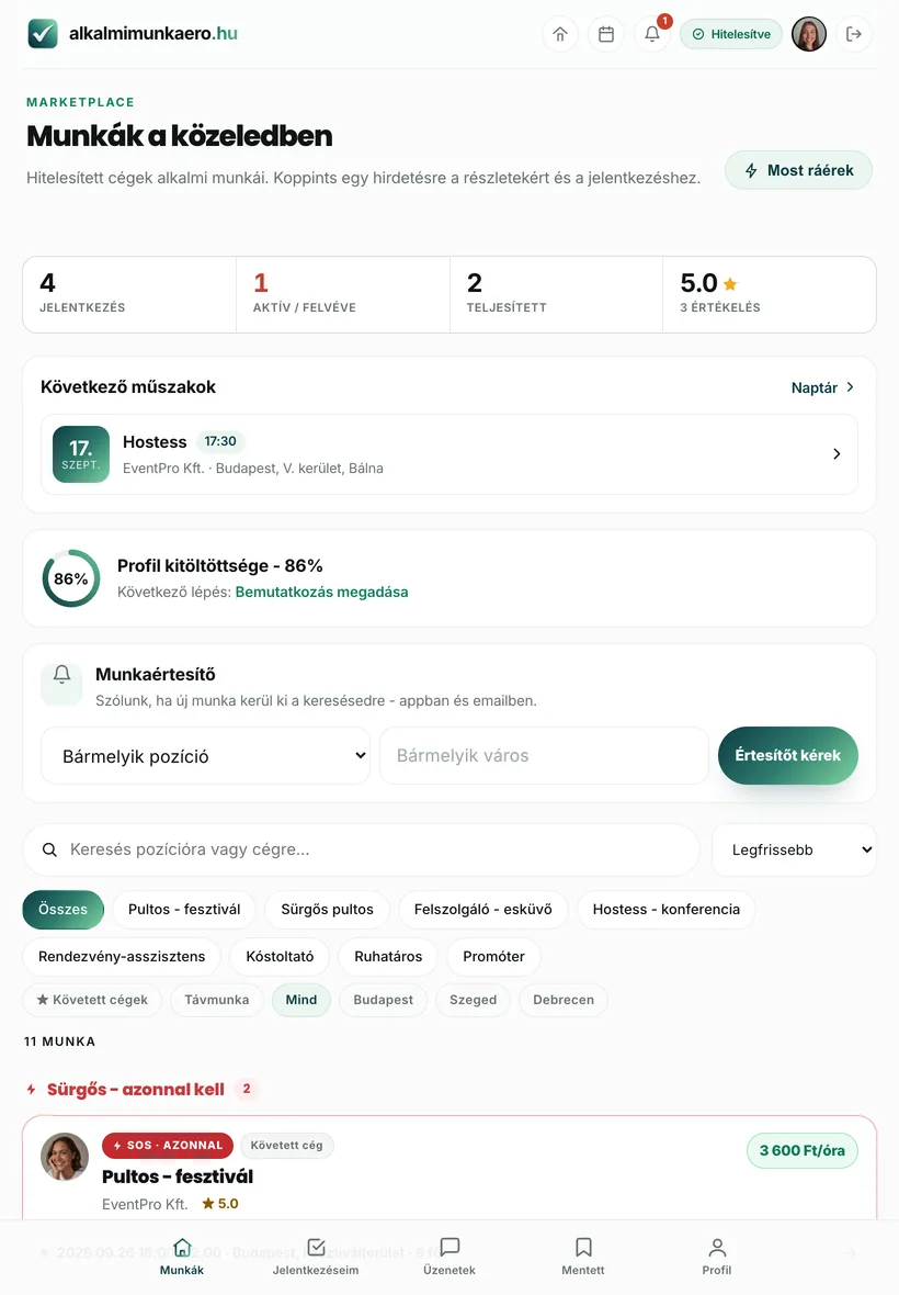 alkalmimunkaero.hu app tableten (iPad, Android tablet) - munkák, következő műszak, profil